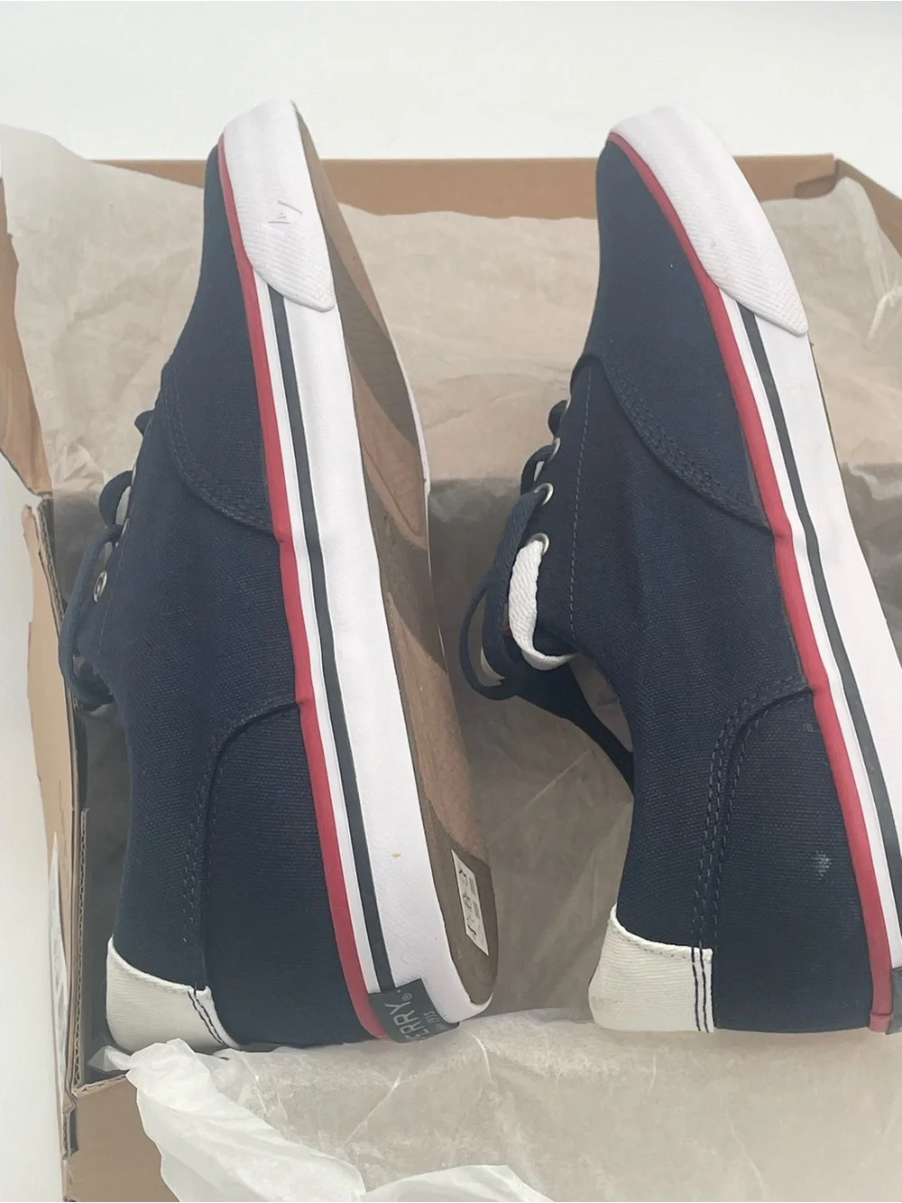 Sperry Navy Canvas Boat Shoes with Red and White Trim